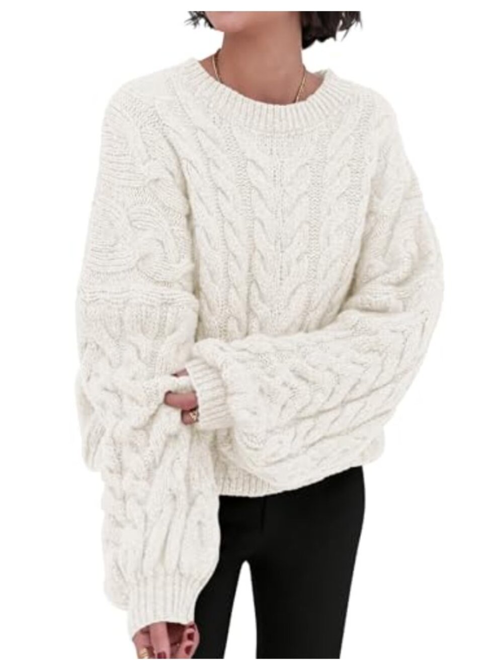 Women's Oversized Cable Knit Crewneck Sweater Long Sleeve Chunky Pullover